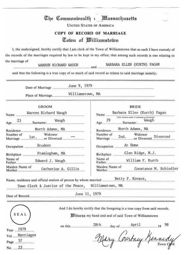 Barbara Kurth / Warren Waugh Marriage Certificate 06/09/79