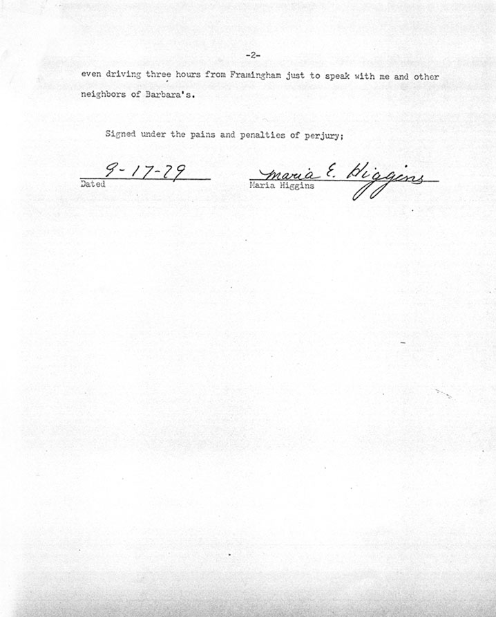Affidavit of Maria Higgins (neighbor of Barbara Kurth) 09/17/79 Page 2 of 2